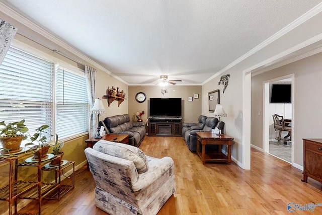 living room with ornamental molding, a textured ceiling, ceiling fan, and light wood-type flooring