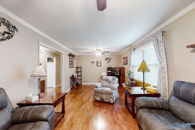 living room featuring light hardwood / wood-style floors, crown molding, and a textured ceiling