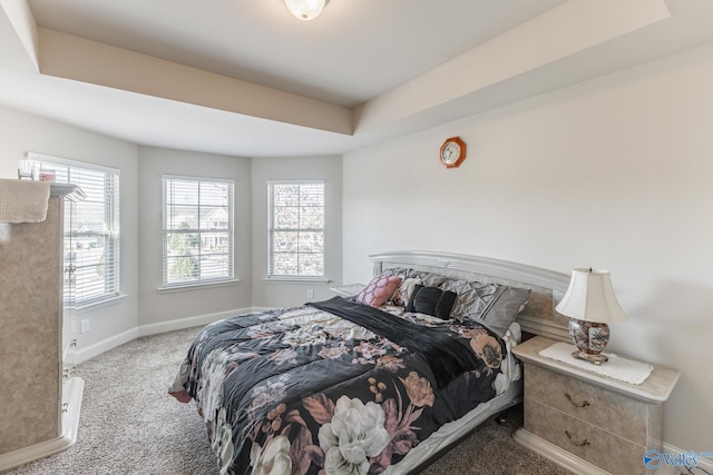 bedroom featuring carpet flooring and a tray ceiling