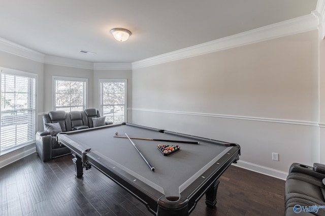 recreation room featuring crown molding, dark wood-type flooring, and billiards