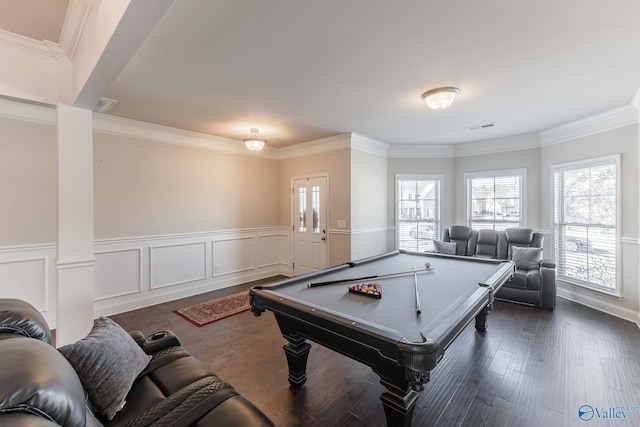 playroom with crown molding, dark hardwood / wood-style floors, and pool table