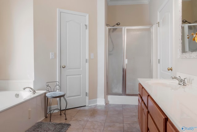 bathroom with vanity, crown molding, separate shower and tub, and tile patterned flooring