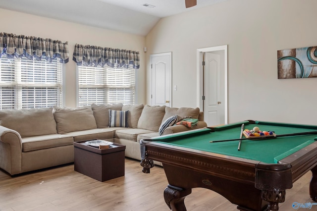 recreation room with billiards, wood-type flooring, vaulted ceiling, and ceiling fan