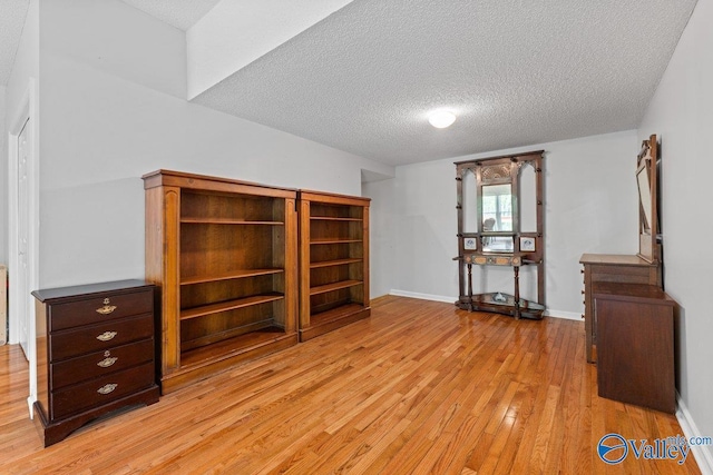 interior space featuring baseboards, a textured ceiling, and light wood-style floors