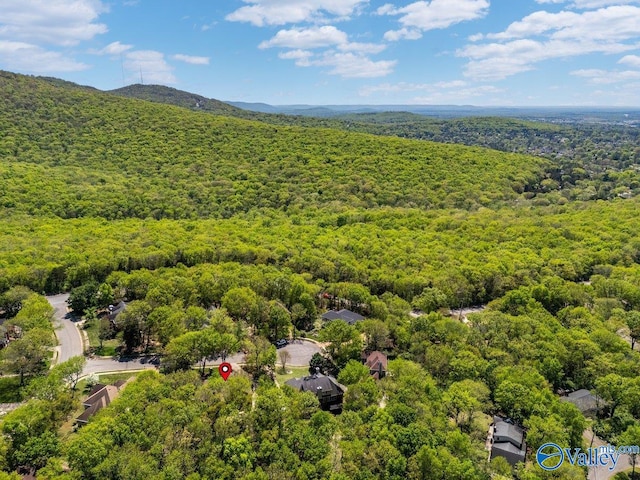 aerial view featuring a wooded view