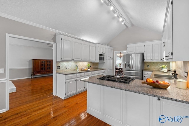 kitchen with stainless steel appliances, a sink, light wood-type flooring, a peninsula, and a textured ceiling