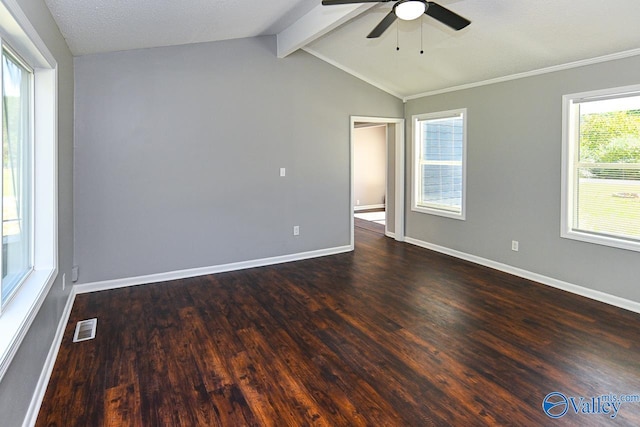 unfurnished room with lofted ceiling with beams, dark hardwood / wood-style floors, a healthy amount of sunlight, and ceiling fan