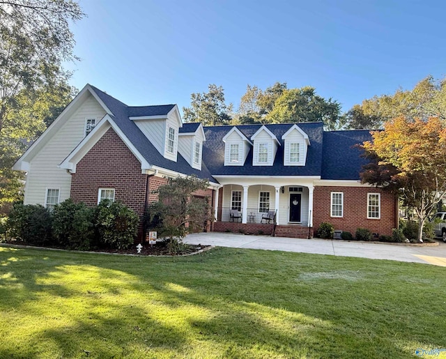 cape cod home featuring a front yard and covered porch