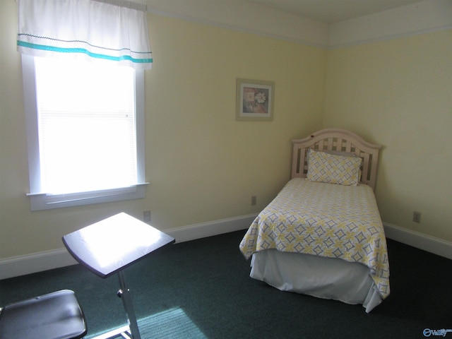 bedroom with dark carpet