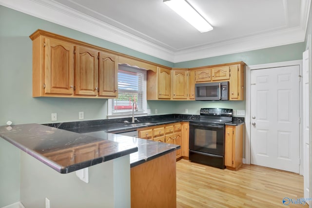 133 Raccoon Trce, Huntsville, AL 35806 - kitchen with black range with electric stovetop, stainless steel microwave, a peninsula, crown molding, and light wood-style floors