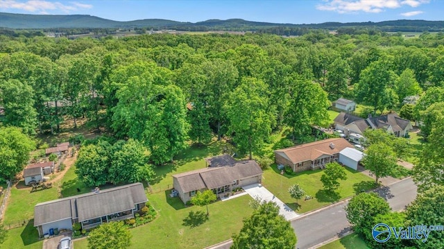 aerial overview of property's location with a heavily wooded area and a mountain backdrop