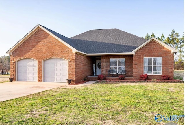 single story home with a garage and a front yard