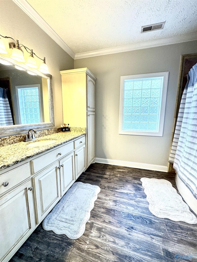 bathroom featuring crown molding, hardwood / wood-style floors, vanity, and a textured ceiling