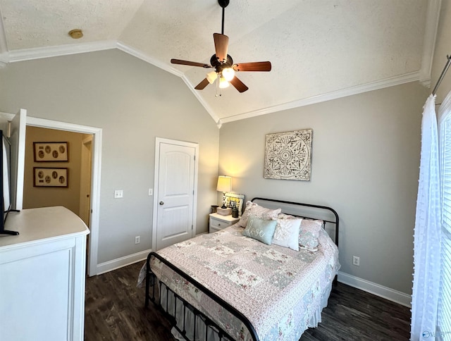 bedroom with crown molding, dark hardwood / wood-style flooring, vaulted ceiling, and a textured ceiling