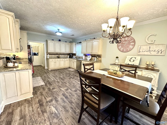 dining area with crown molding, dark hardwood / wood-style floors, and a textured ceiling