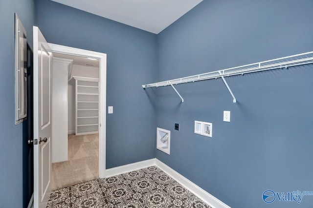 laundry area with hookup for a washing machine, hookup for an electric dryer, and carpet