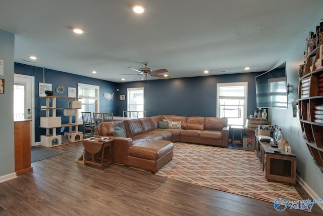 living room with ceiling fan and wood-type flooring