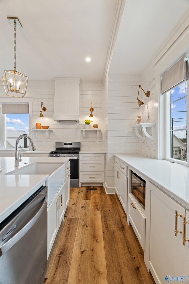 kitchen featuring premium range hood, a sink, open shelves, appliances with stainless steel finishes, and light wood finished floors