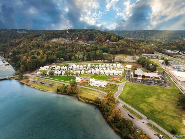 drone / aerial view with a wooded view and a water view