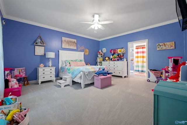 bedroom with carpet, ceiling fan, and crown molding