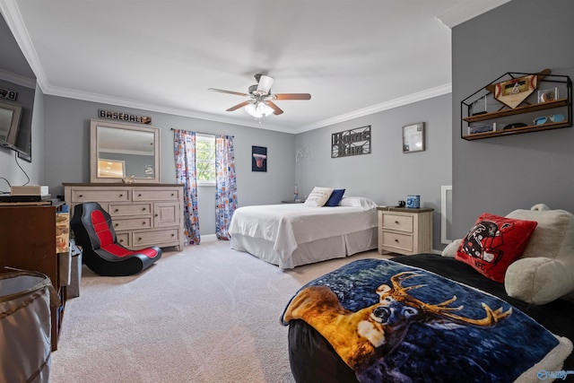 bedroom with light colored carpet, ceiling fan, and crown molding