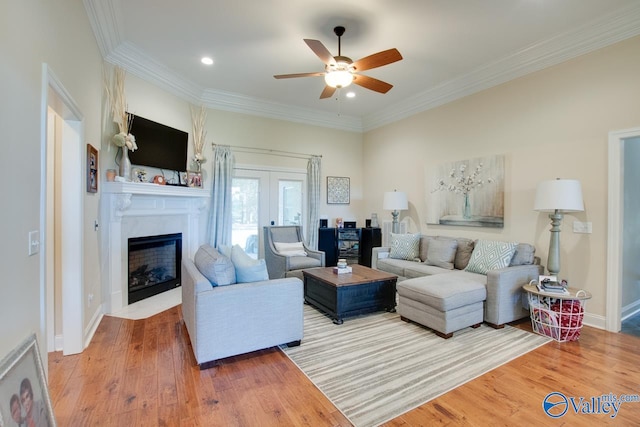 living room with ceiling fan, crown molding, and hardwood / wood-style floors