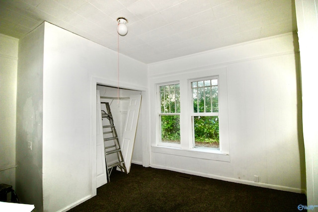 interior space featuring dark colored carpet and a closet