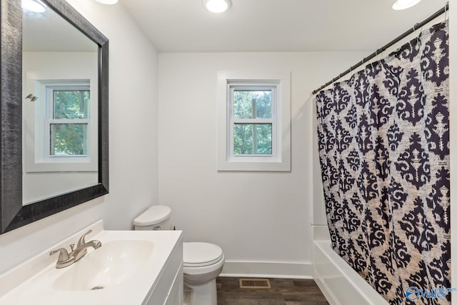 full bathroom featuring hardwood / wood-style floors, vanity, toilet, and a wealth of natural light