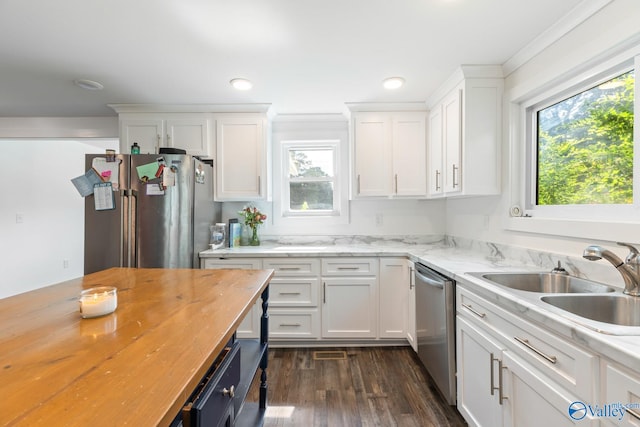 kitchen with sink, appliances with stainless steel finishes, dark hardwood / wood-style floors, and a wealth of natural light