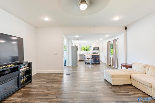 living room featuring sink, wood-type flooring, and ceiling fan