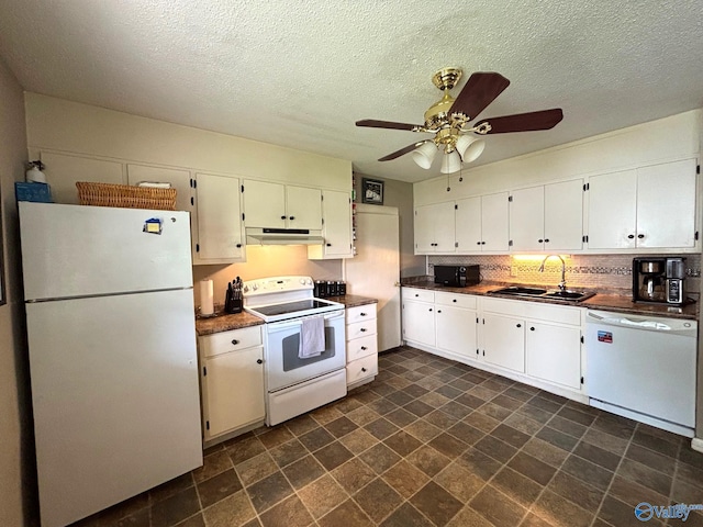 1300 7th Ave, Athens, AL 35611 - kitchen with white appliances, a sink, a ceiling fan, dark countertops, and tasteful backsplash