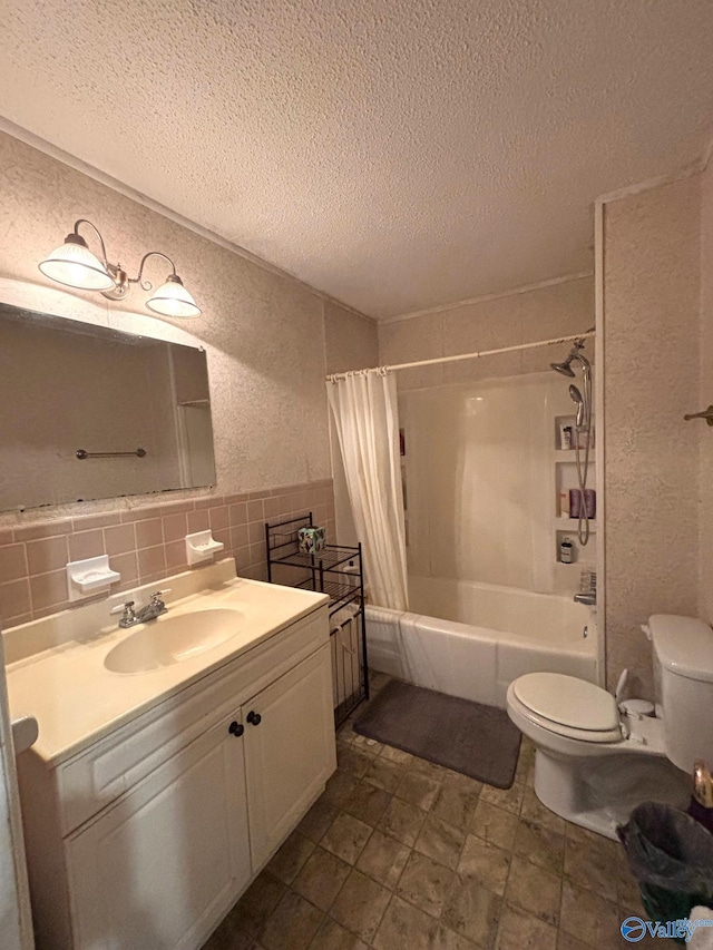 1300 7th Ave, Athens, AL 35611 - full bathroom featuring a textured wall, toilet, a textured ceiling, shower / bath combination with curtain, and tile walls