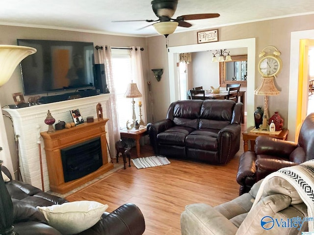 living room with ceiling fan, light wood-type flooring, and crown molding