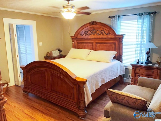 bedroom with wood-type flooring, crown molding, a closet, and ceiling fan