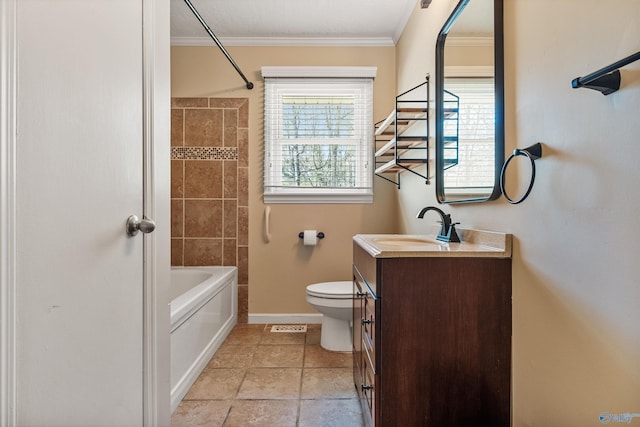 bathroom with toilet, crown molding, shower / bath combination, baseboards, and vanity