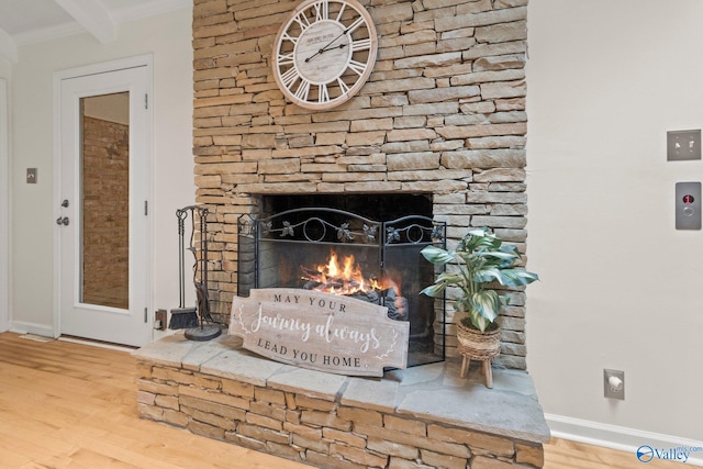 room details with wood finished floors, a stone fireplace, and baseboards