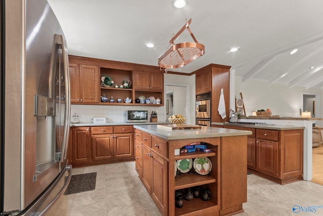 kitchen featuring brown cabinets, open shelves, stainless steel appliances, a kitchen island, and light countertops