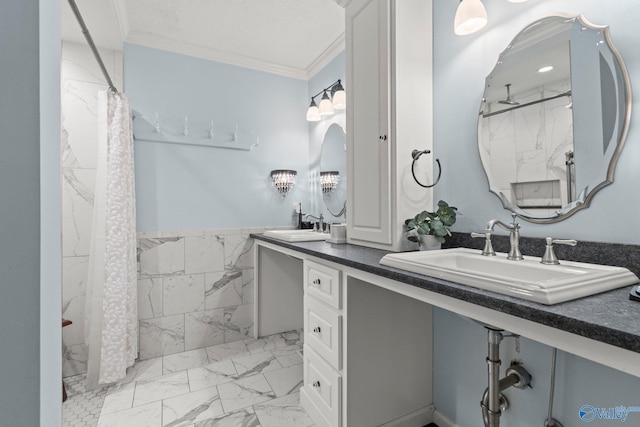 full bathroom featuring crown molding, a marble finish shower, marble finish floor, and a sink