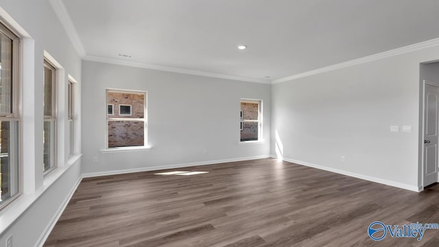 empty room featuring crown molding and dark hardwood / wood-style floors