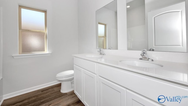 bathroom with vanity, wood-type flooring, and toilet