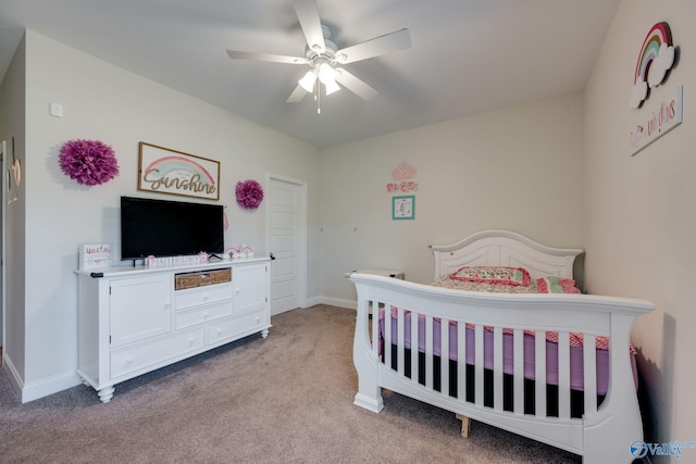 bedroom with ceiling fan and light colored carpet