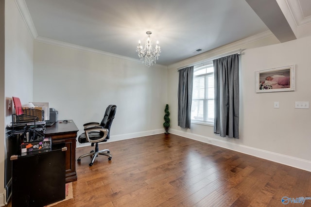 office with an inviting chandelier, wood-type flooring, and ornamental molding