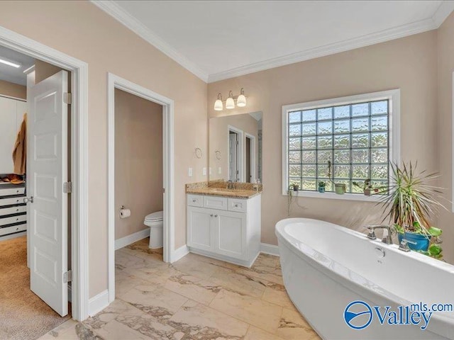414 Wood Sage Ln, Huntsville, AL 35824 - bathroom featuring baseboards, marble finish floor, crown molding, and toilet