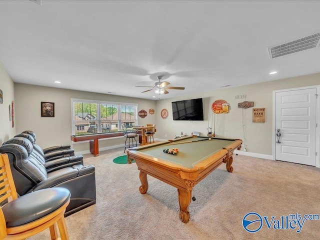 414 Wood Sage Ln, Huntsville, AL 35824 - playroom with visible vents, baseboards, ceiling fan, carpet floors, and pool table