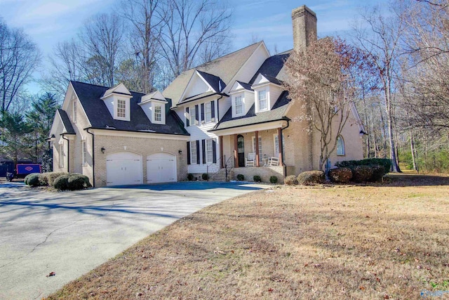 view of front facade featuring a garage, a front yard, and covered porch