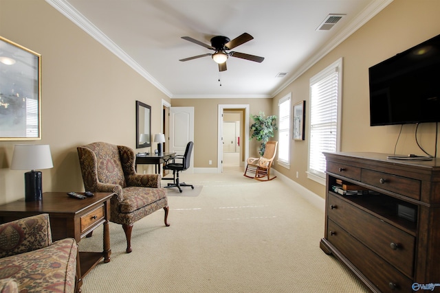 sitting room featuring light carpet, ceiling fan, and crown molding