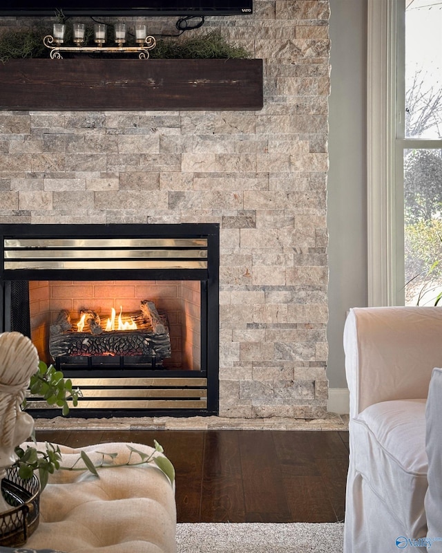 details with a stone fireplace and hardwood / wood-style flooring