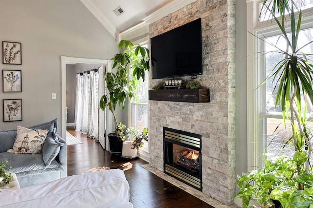 living room featuring crown molding, vaulted ceiling, dark hardwood / wood-style floors, and a stone fireplace