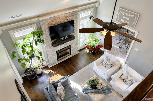 living room featuring a fireplace, a wealth of natural light, and hardwood / wood-style floors