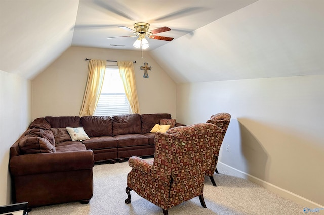 living room with vaulted ceiling, light carpet, and ceiling fan